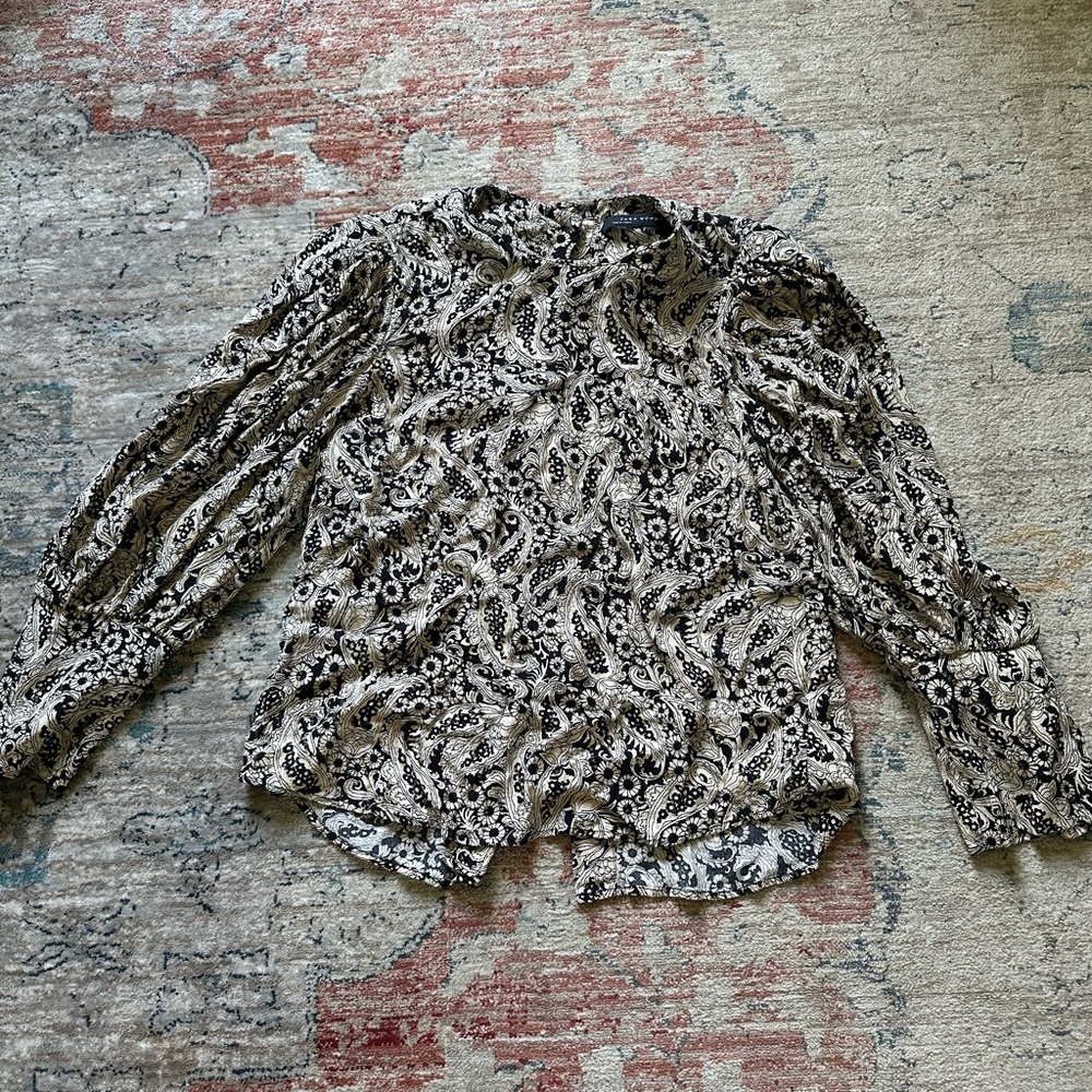 Zara Black and Cream Paisley Long-Sleeve Blouse